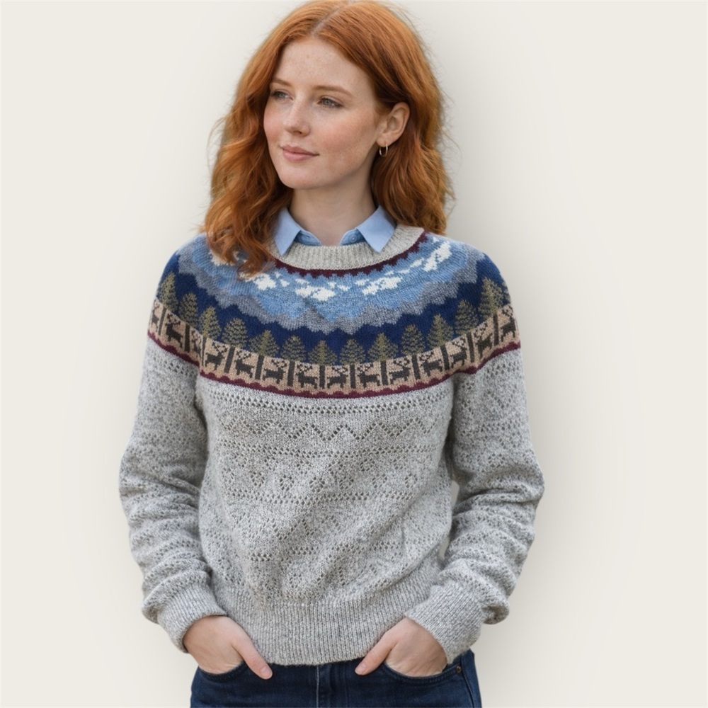 vintage e.v. ltd. sweater knit mountains, trees, deer and sky long sleeve